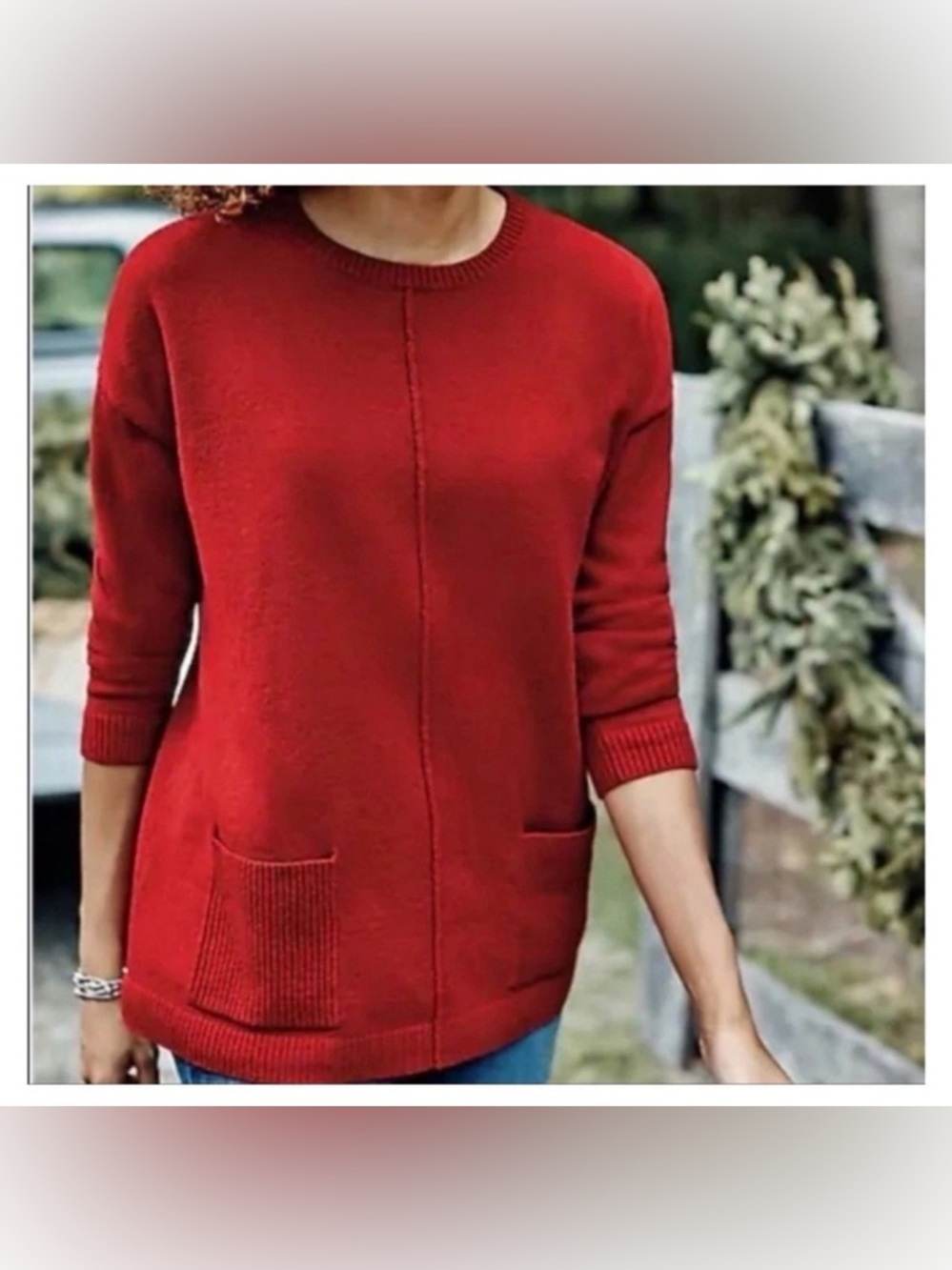 J. Jill 2 Pocket Crewneck Sweater Pullover Red Cotton Blend Size M Petite